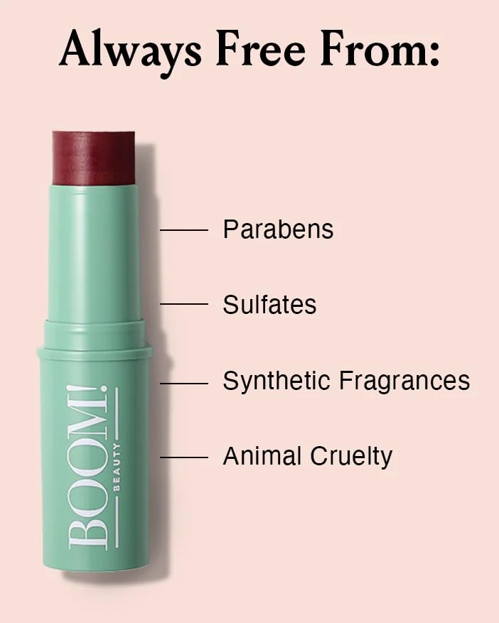 BOOM! by Cindy Joseph dabbed on lips displaying dewy tint and comfortable wear