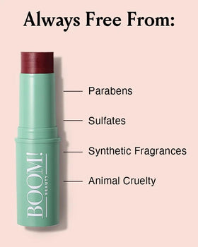 BOOM! by Cindy Joseph dabbed on lips displaying dewy tint and comfortable wear