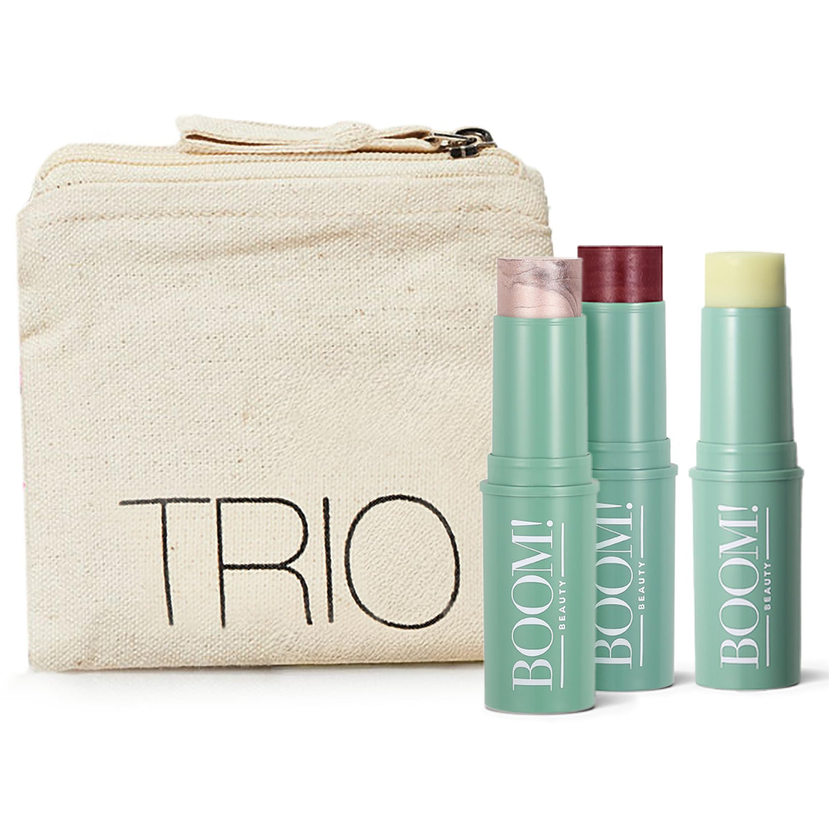 BOOM! by Cindy Joseph front packaging showing trio and free bag, compact set benefit