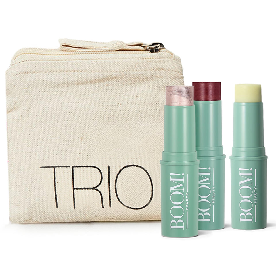 BOOM! by Cindy Joseph front packaging showing trio and free bag, compact set benefit