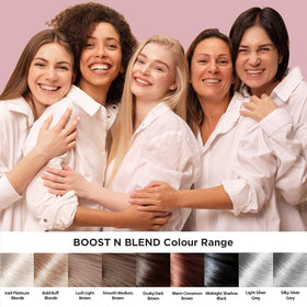 BOOST N BLEND size comparison in hand showing compact travel-friendly container
