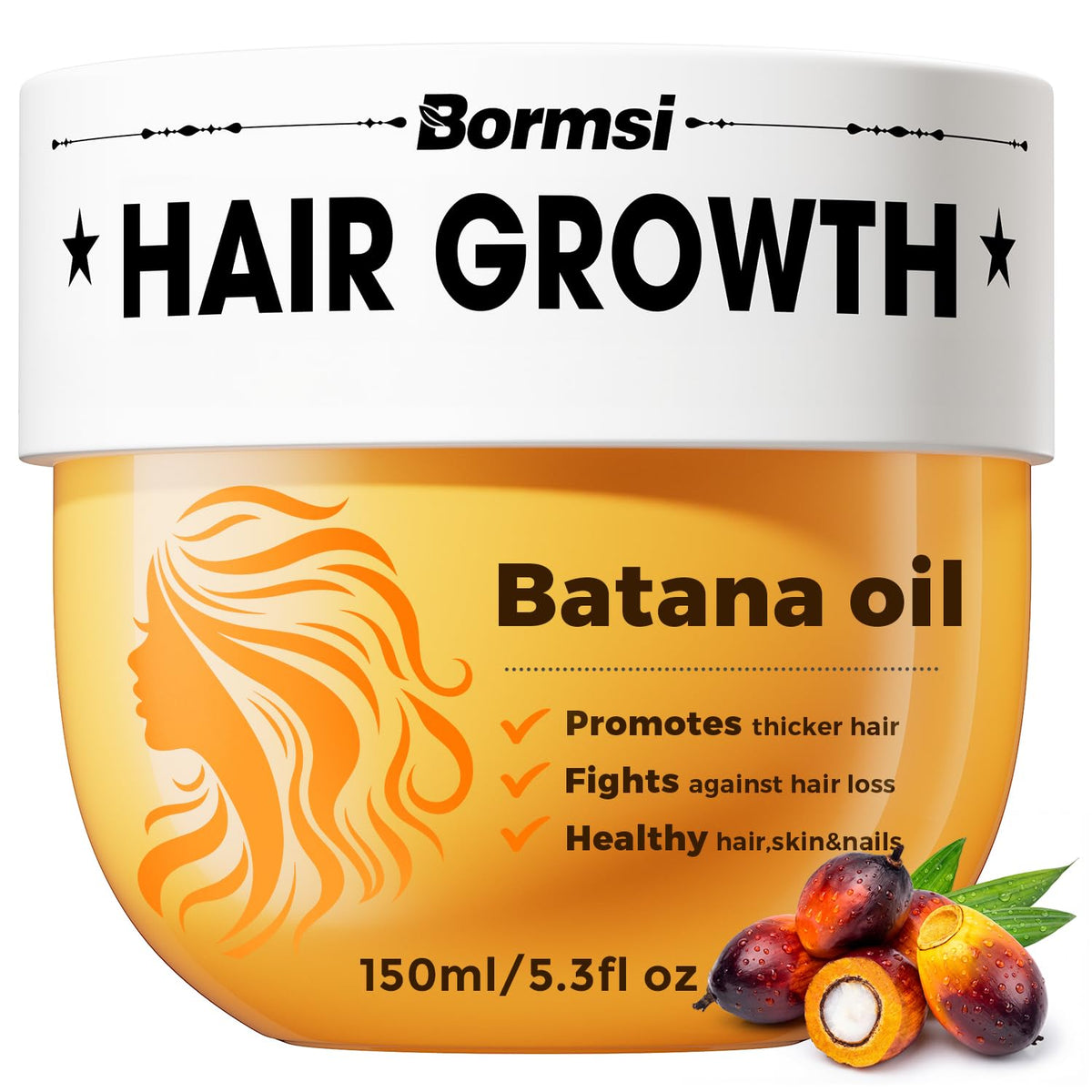 BORMSI front packaging showing jar and 5.3 oz size, highlights purity