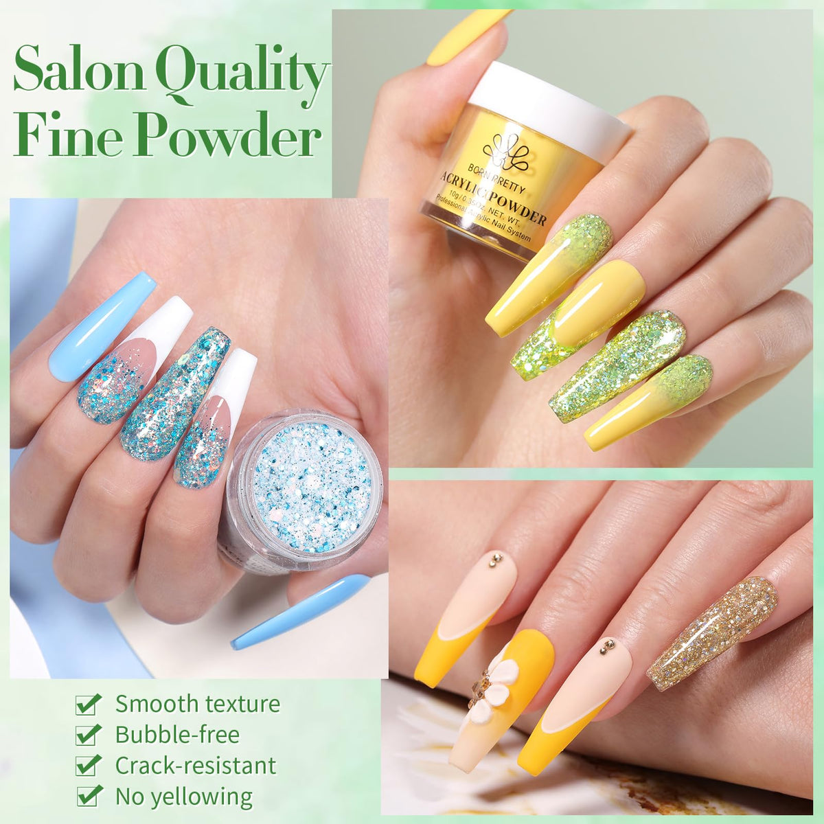 Born Pretty before and after French tip using powders for neat professional results