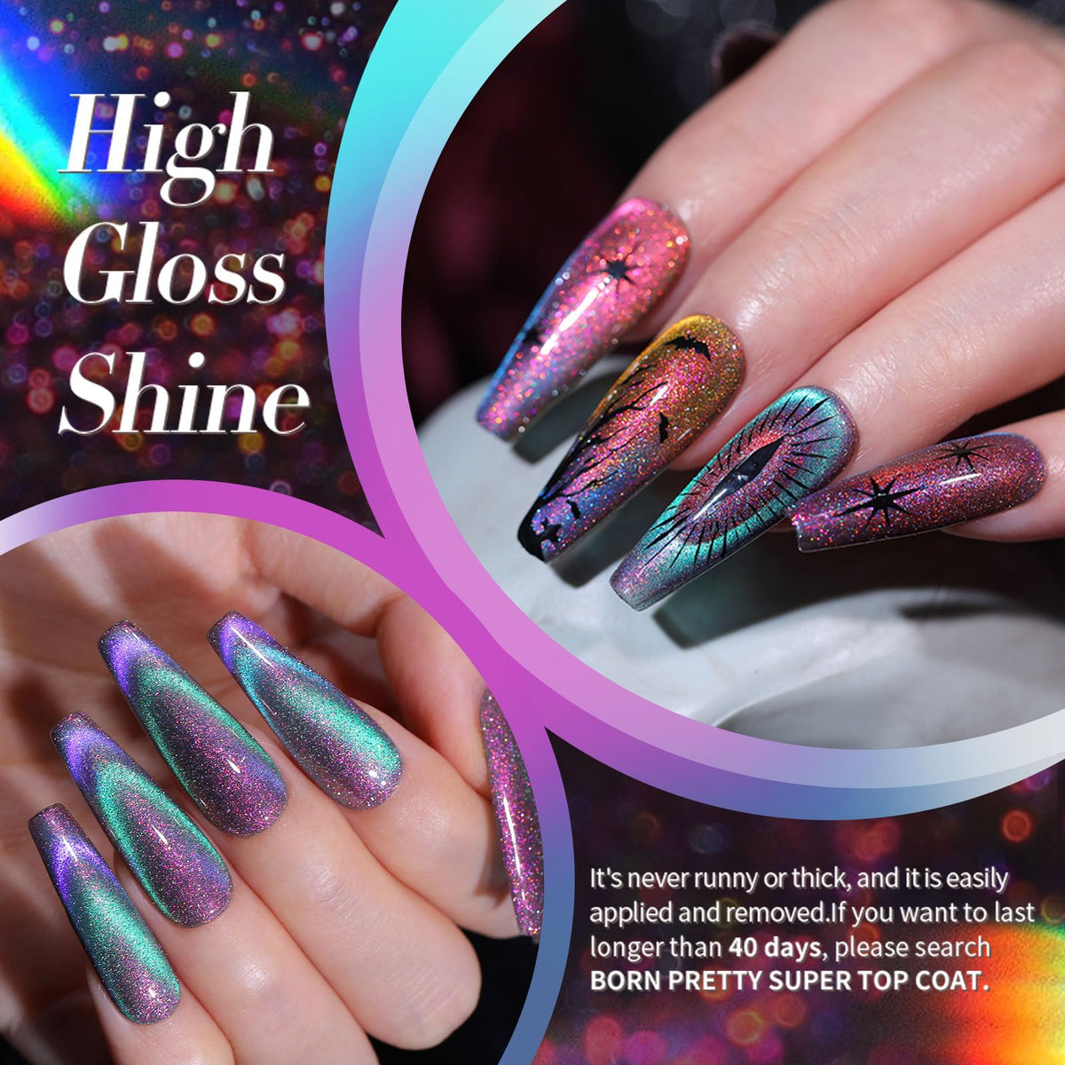 Born Pretty application with magnet tool over wet gel, creates defined cat-eye effect