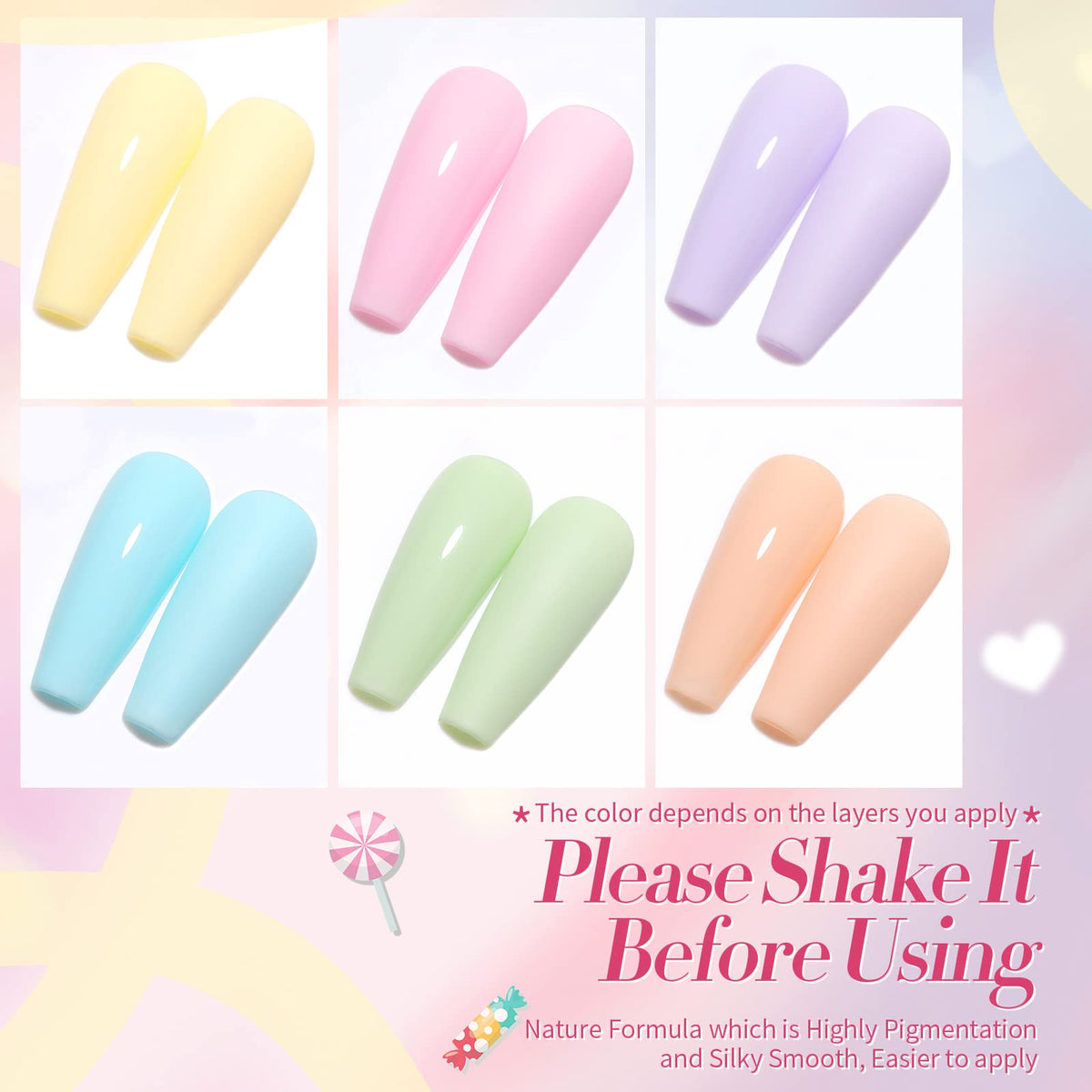 Born Pretty close-up of six gel bottles highlighting precise brush caps and labels