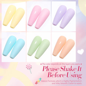 Born Pretty close-up of six gel bottles highlighting precise brush caps and labels