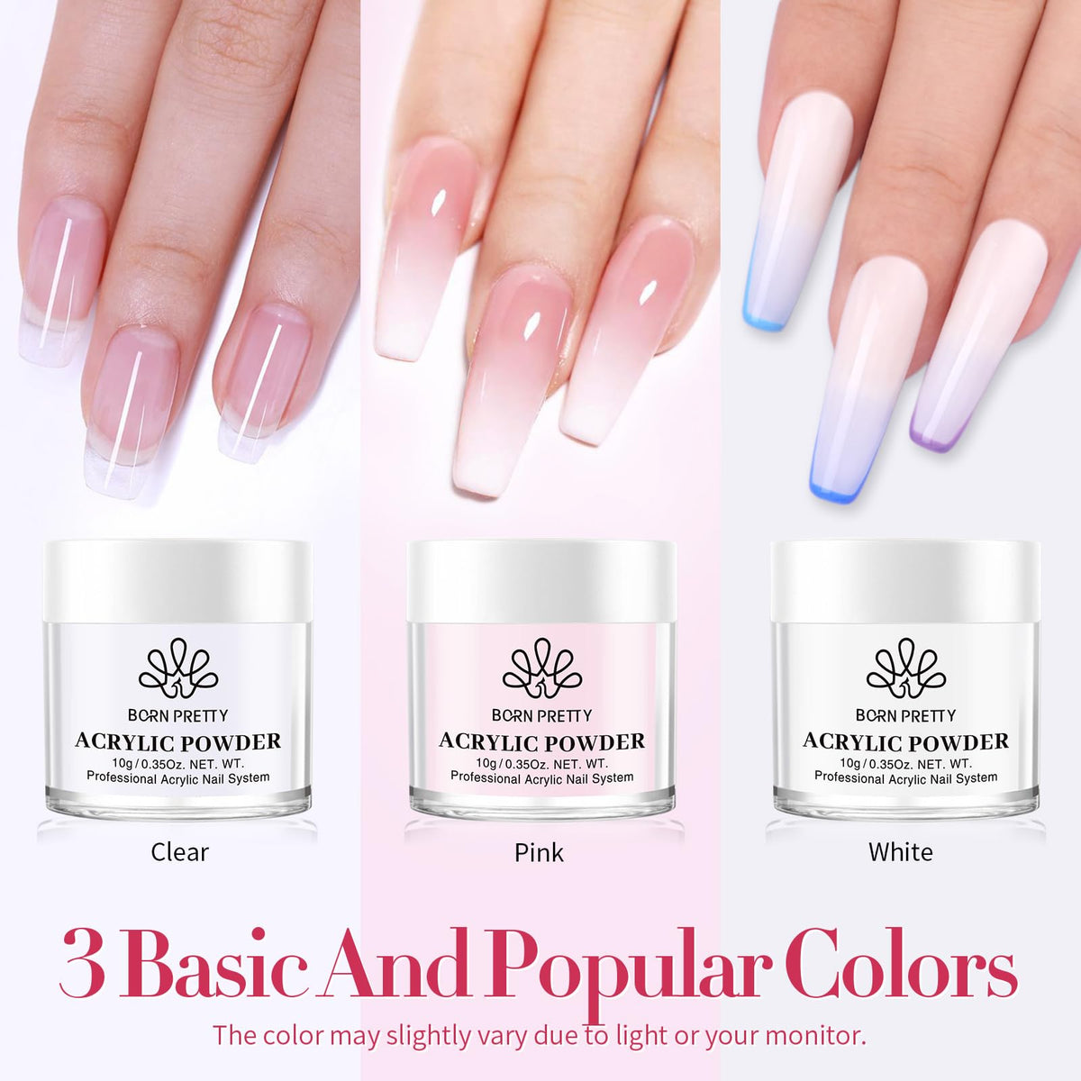Born Pretty close-up of clear white pink powders for layered color effects