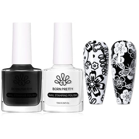 born pretty front packaging showing two stamping polishes and benefits