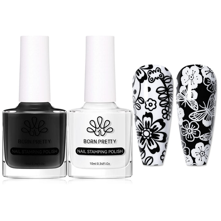 born pretty front packaging showing two stamping polishes and benefits