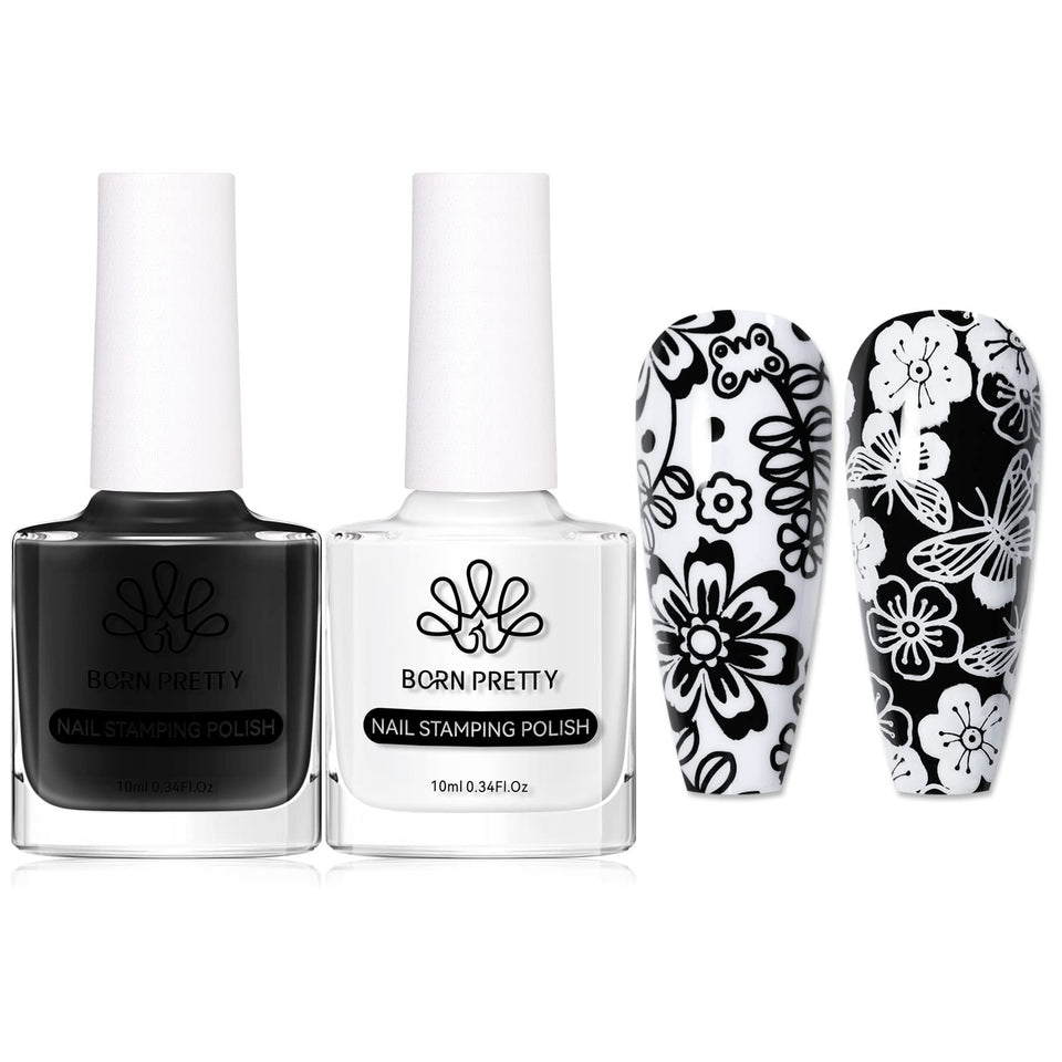 born pretty front packaging showing two stamping polishes and benefits