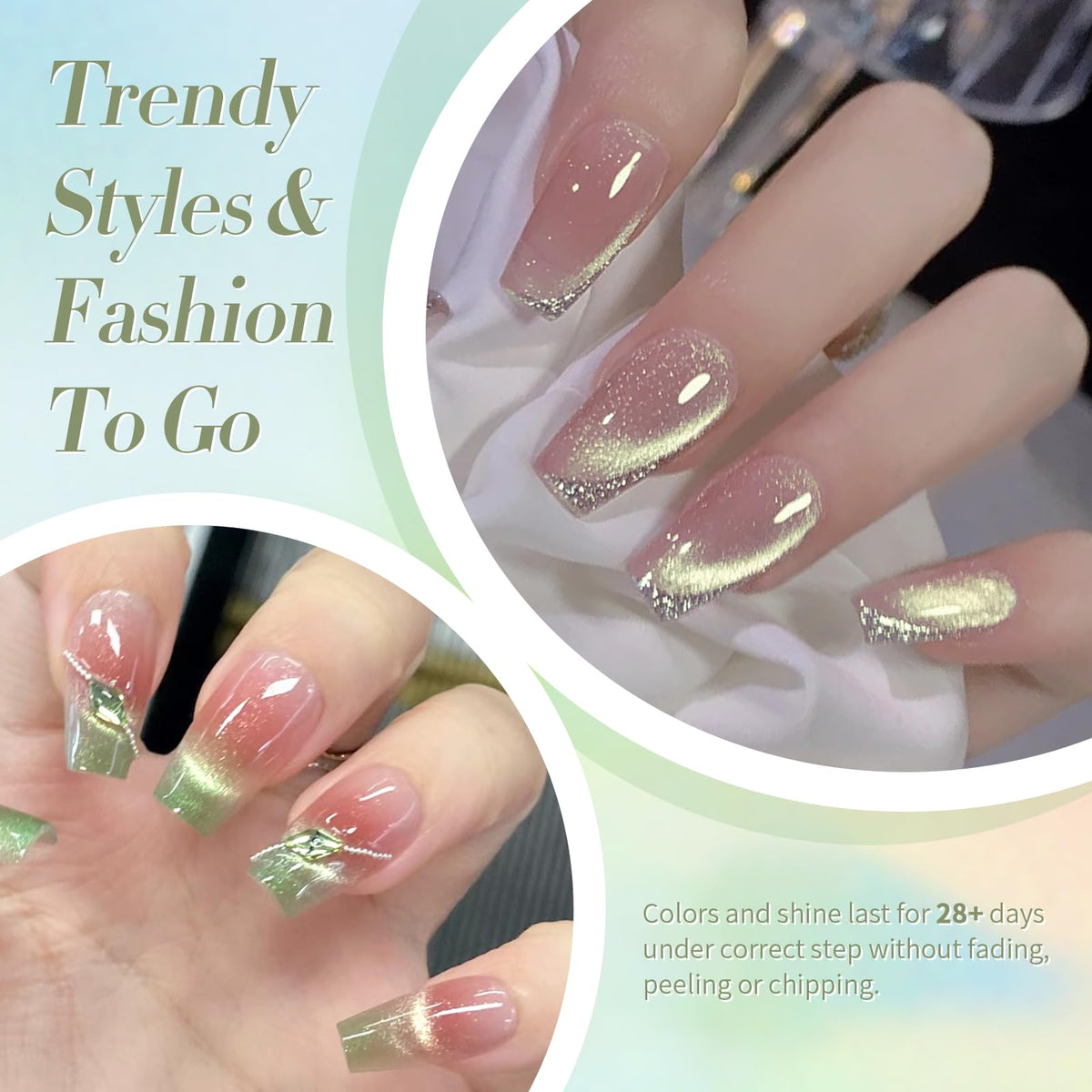 Born Pretty finished nails showing pink green blue holo for vibrant style
