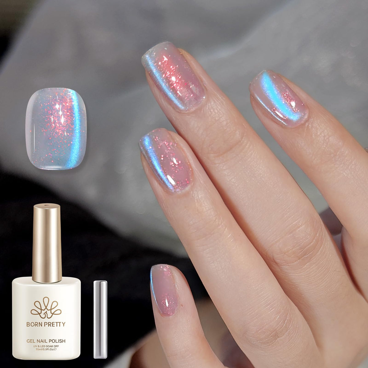 Born Pretty bottle front view showing Blue Tears Aurora color and sparkle benefit