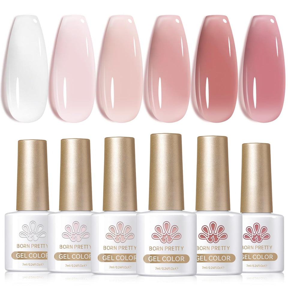 Born Pretty front packaging showing six bottles and mixable nude shades for versatile looks