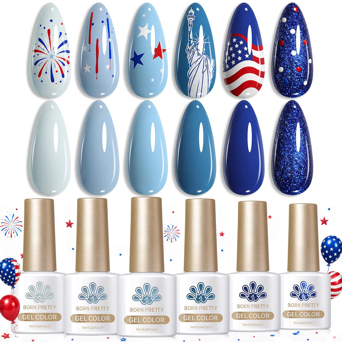 Born Pretty front packaging displaying six blue gel polishes and kit benefit