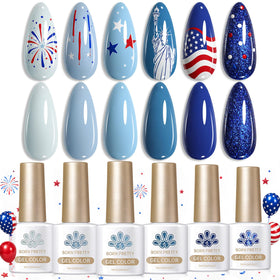 Born Pretty front packaging displaying six blue gel polishes and kit benefit