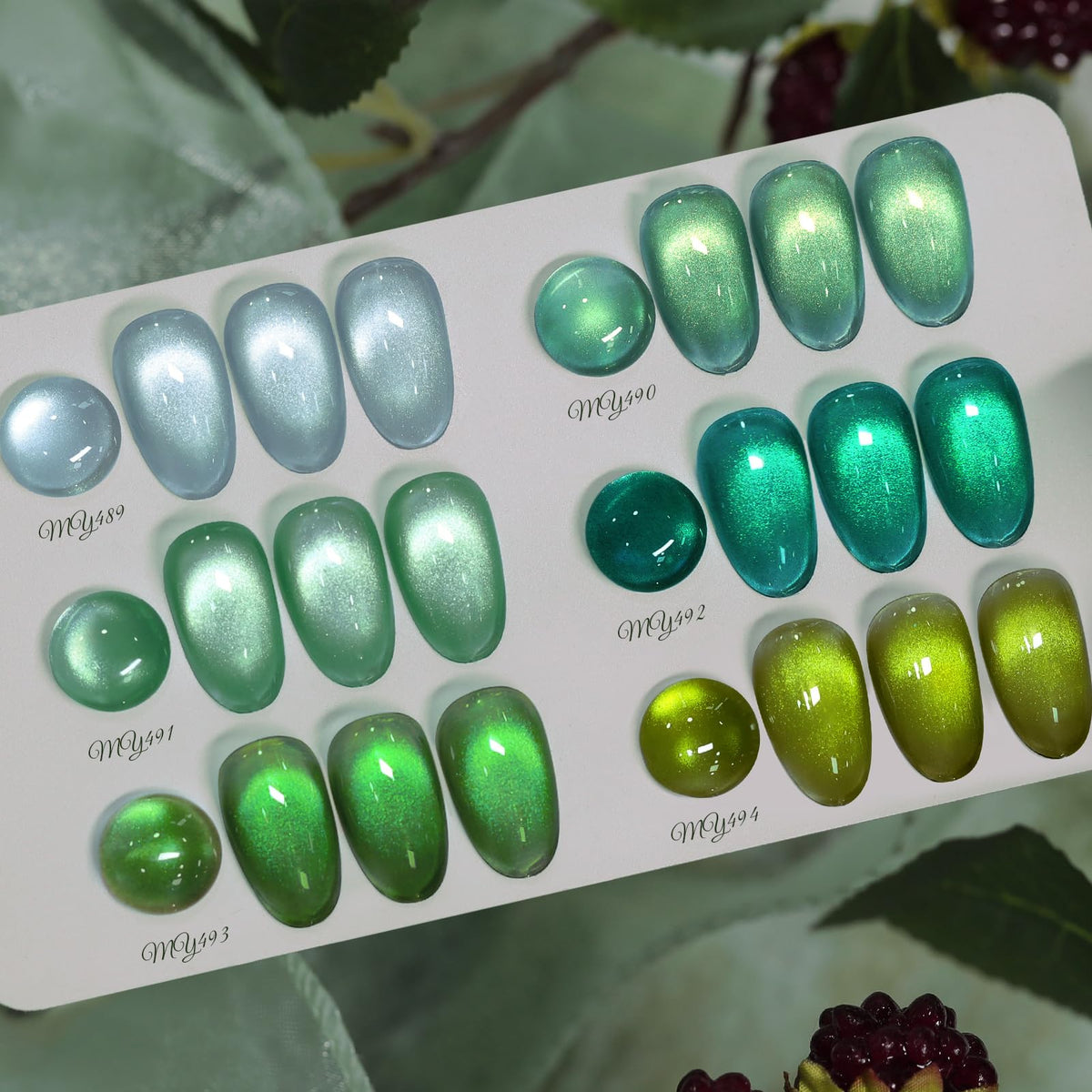 Born Pretty front packaging showing six green cat-eye gel bottles and benefits