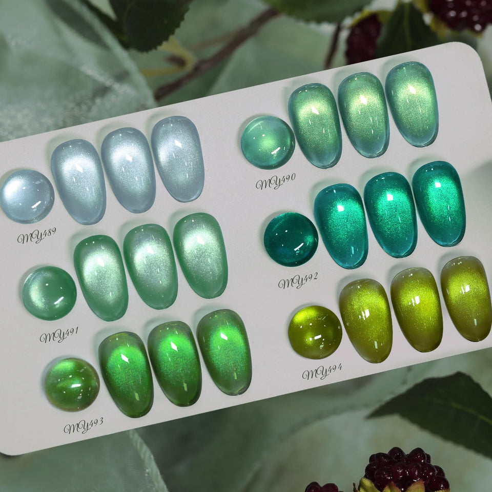 Born Pretty front packaging showing six green cat-eye gel bottles and benefits