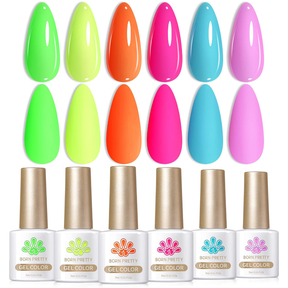 Born Pretty front packaging neon gel set showing six vibrant shades and bold presentation