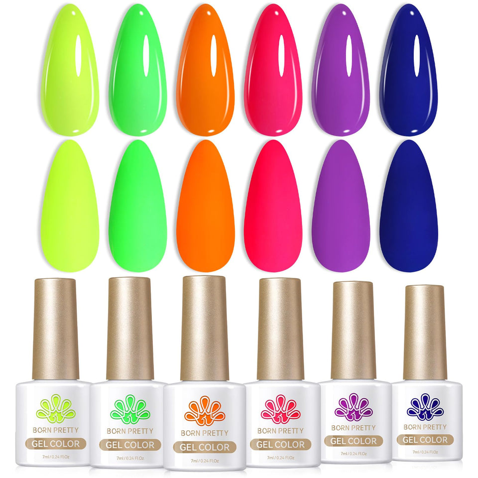 born pretty front packaging showing six neon gel bottles and bright colors