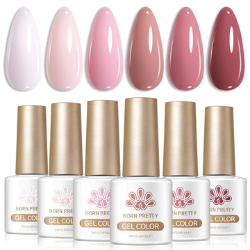 Born Pretty front packaging showing six nude pink bottles, clear set overview and benefit