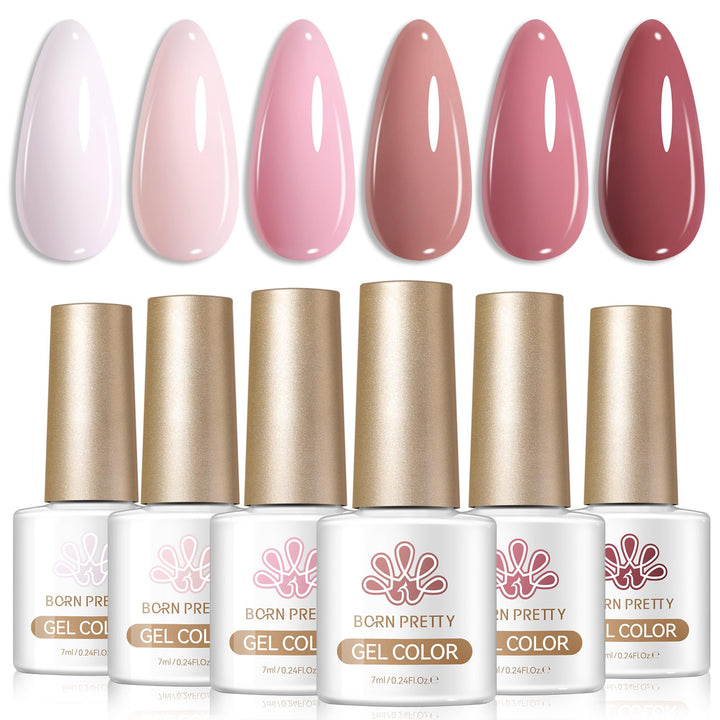 Born Pretty front packaging showing six nude pink bottles, clear set overview and benefit