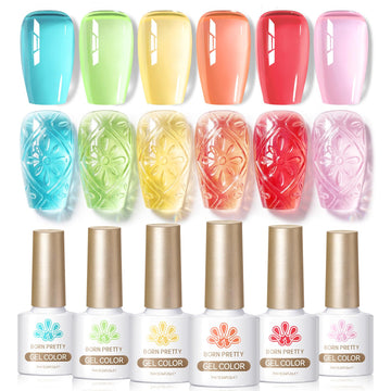 Born Pretty front packaging showing six pastel jelly gel bottles and vacation colors