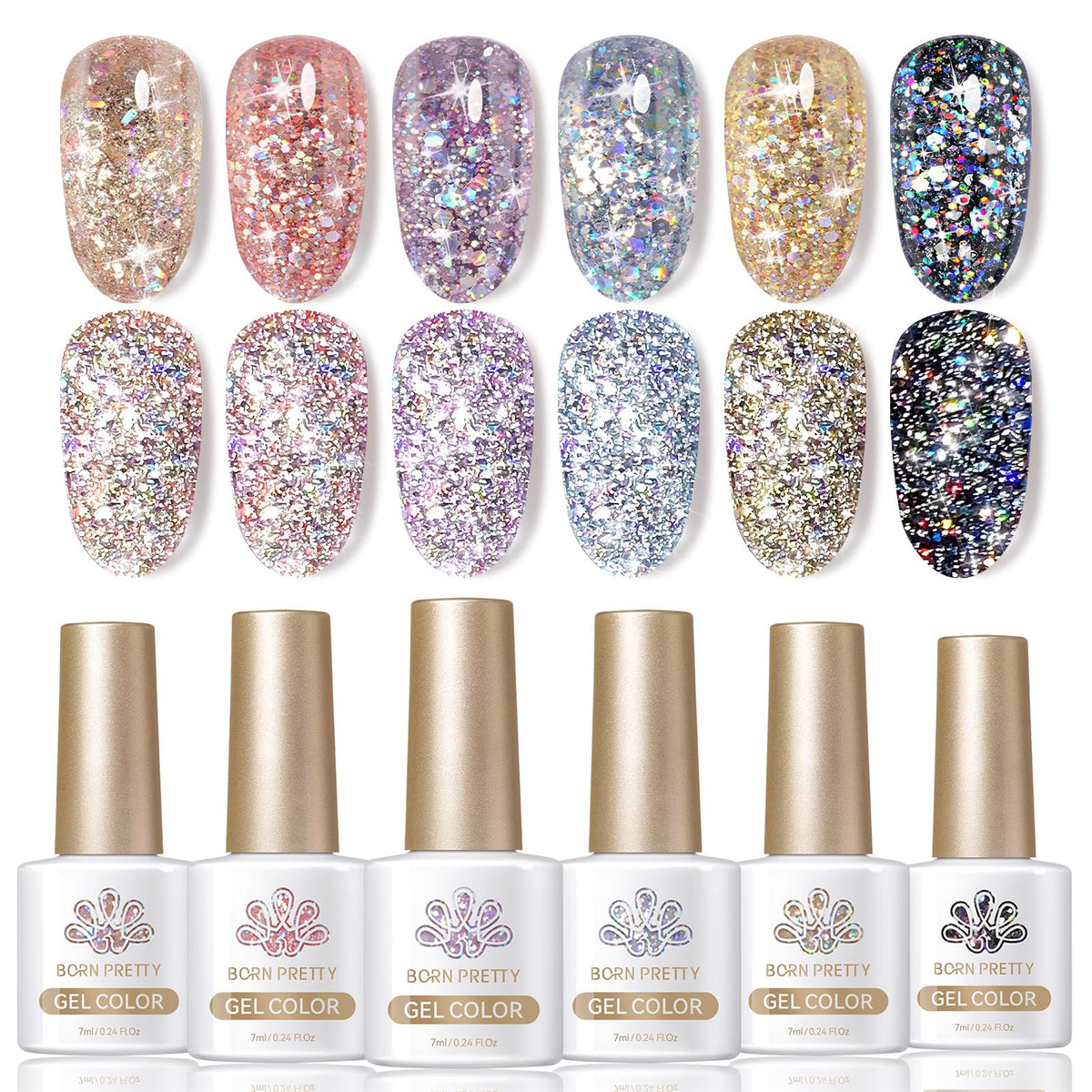 born pretty front packaging showing six glitter gel bottles and vibrant colors for easy selection