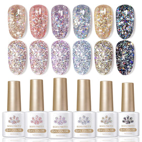 born pretty front packaging showing six glitter gel bottles and vibrant colors for easy selection