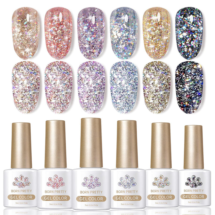 born pretty front packaging showing six glitter gel bottles and vibrant colors for easy selection