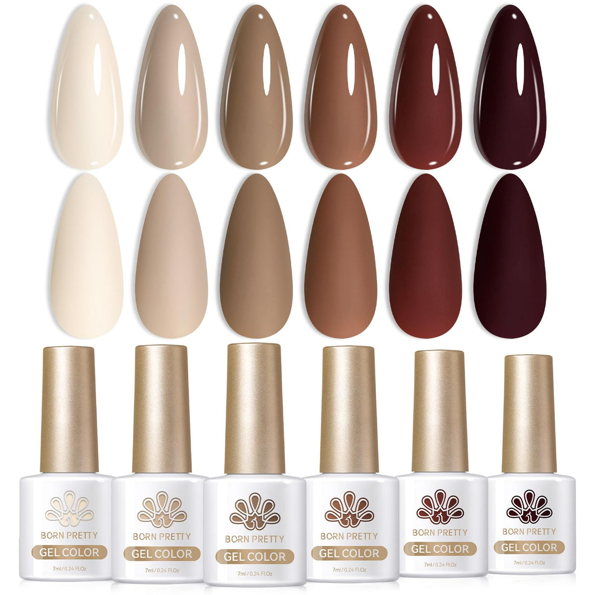 Born Pretty front packaging showing six nude brown gel polishes, clear presentation benefit
