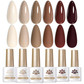 Born Pretty front packaging showing six nude brown gel polishes, clear presentation benefit