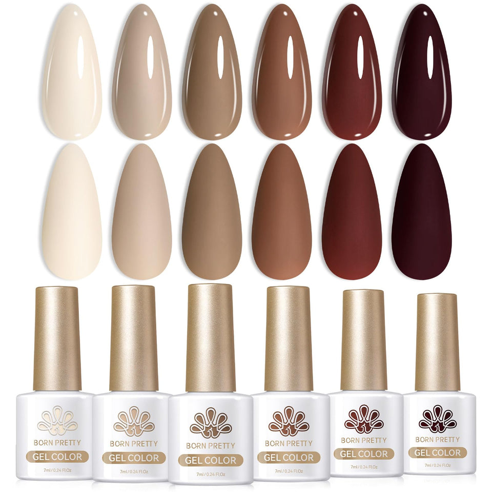 Born Pretty front packaging showing six nude brown gel polishes, clear presentation benefit