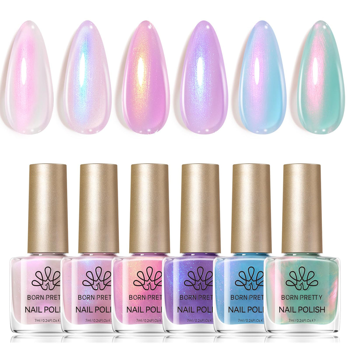 Born Pretty front packaging showing six pearlescent nail polishes for easy selection