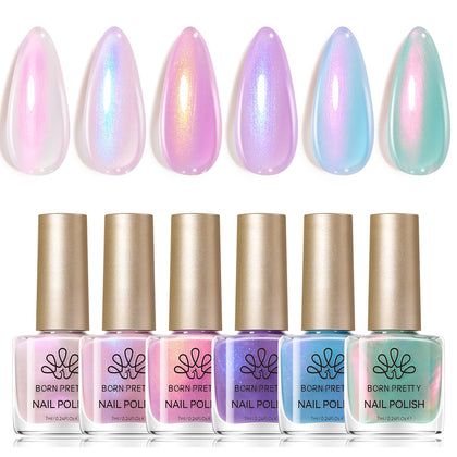 Born Pretty front packaging showing six pearlescent nail polishes for easy selection