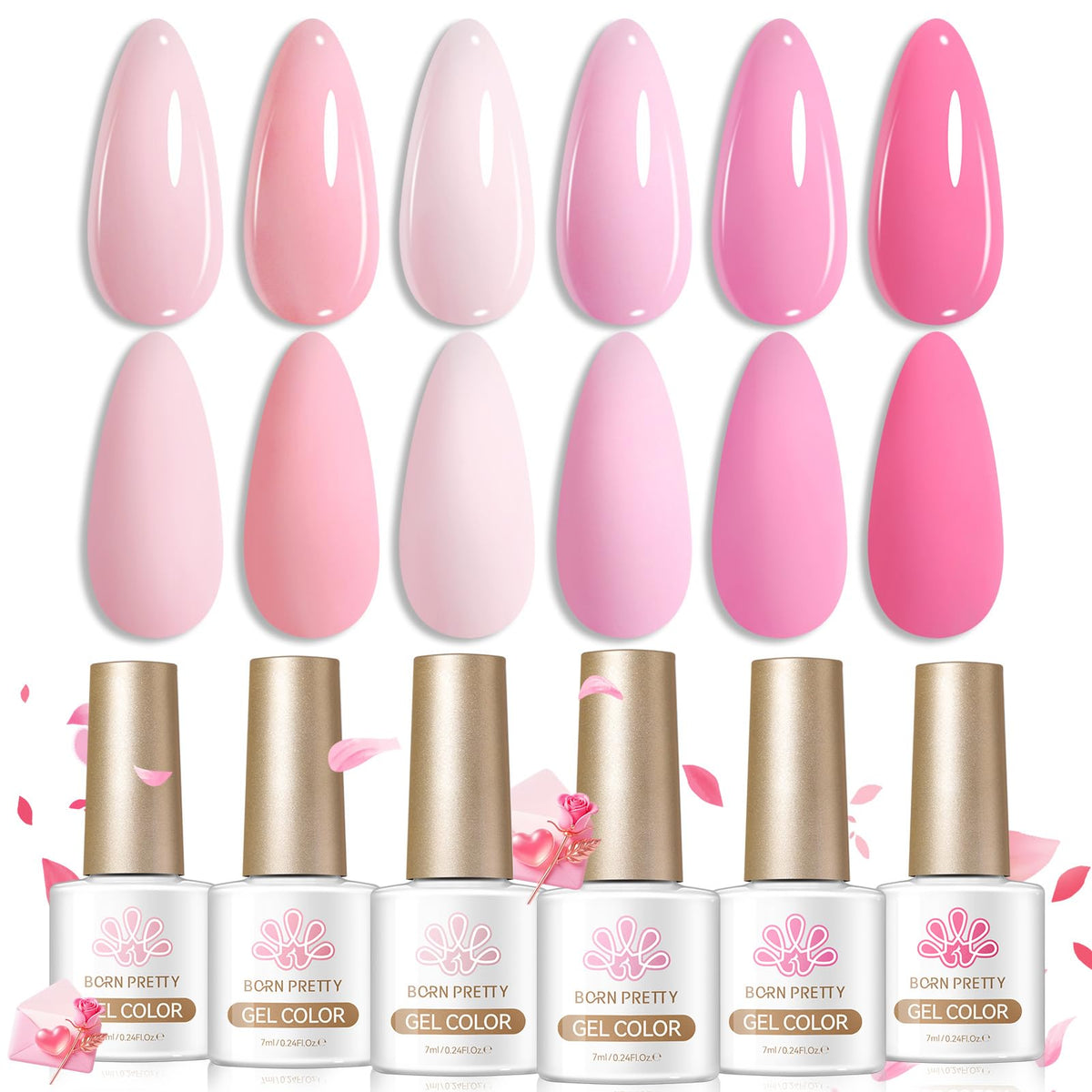 Born Pretty front packaging showing six pink gel bottles and kit clarity benefit