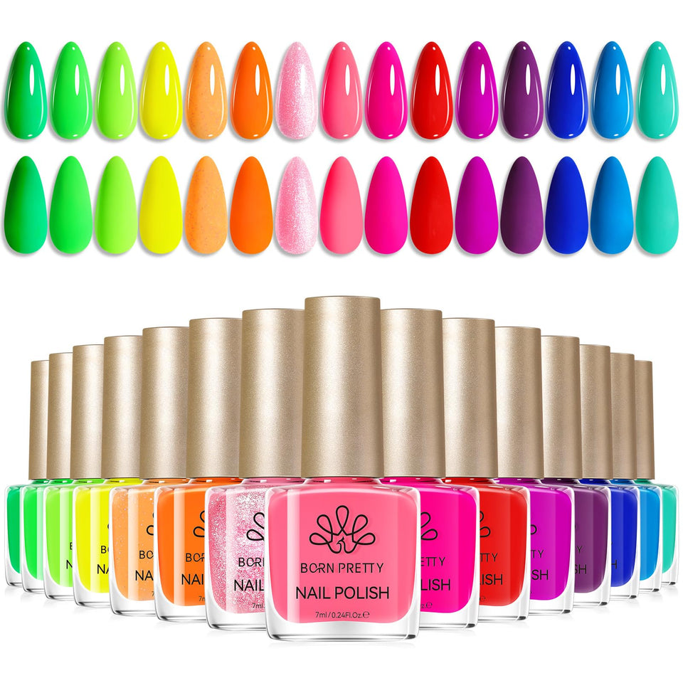 Born Pretty front packaging showing 15 neon polish bottles for bold manicures