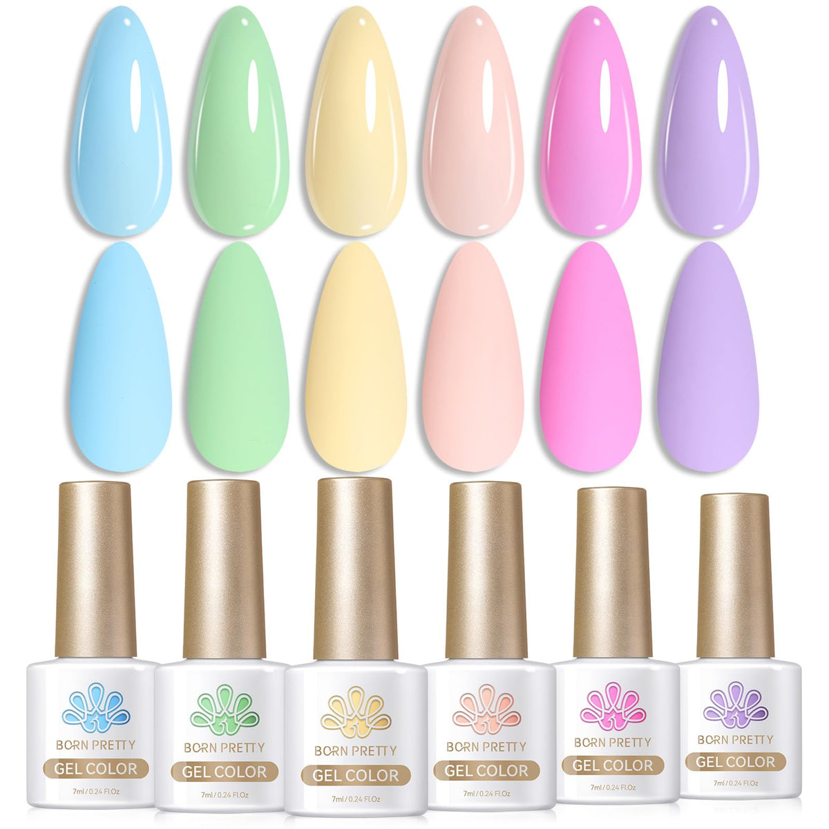 Born Pretty box front view showing six pastel gel colors and gift packaging convenience