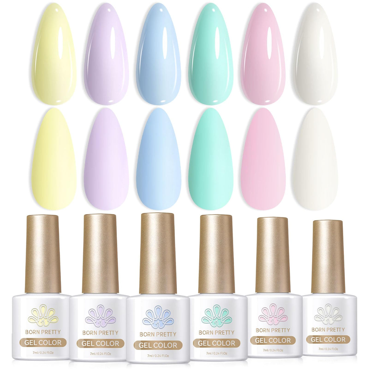 Born Pretty front packaging showing six pastel gel bottles, ideal gift presentation