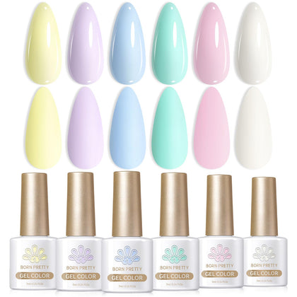 Born Pretty front packaging showing six pastel gel bottles, ideal gift presentation