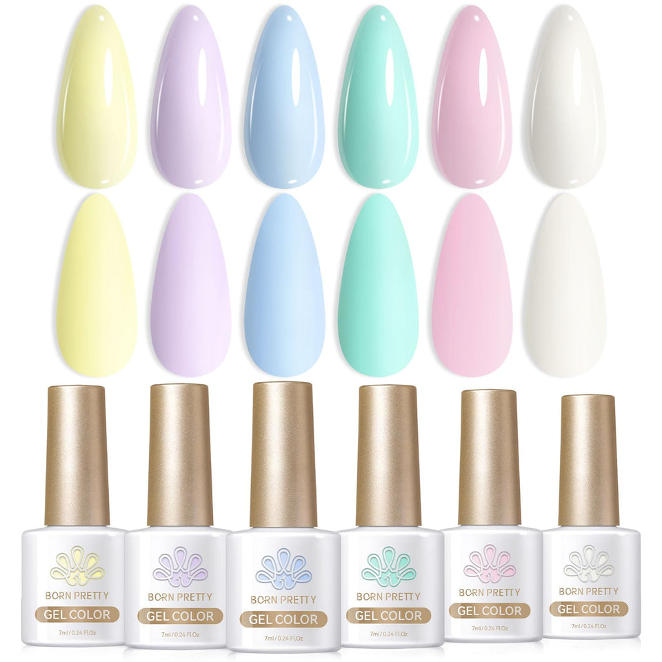 Born Pretty front packaging showing six pastel gel bottles, ideal gift presentation