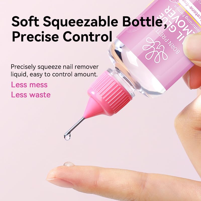 Born Pretty bottle applied to press-on nail demonstrating quick adhesive softening