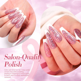 Born Pretty polish on finger displaying glossy rose gold shine and depth
