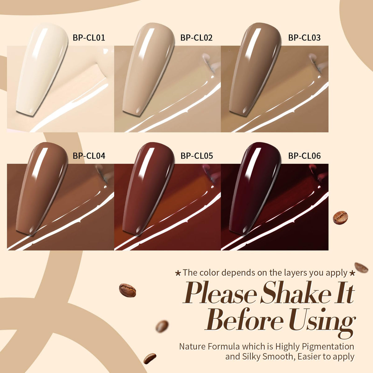 Born Pretty six bottles arranged to display color range, easy shade selection benefit
