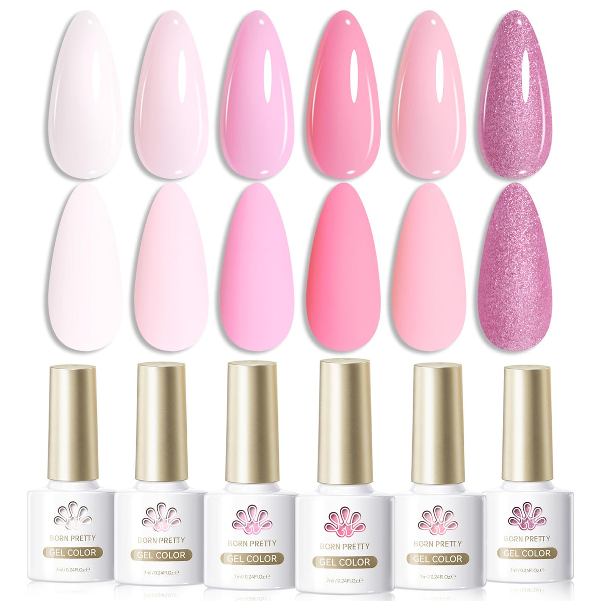 Born Pretty six bottles front view showing included pink and white shades, easy palette choice