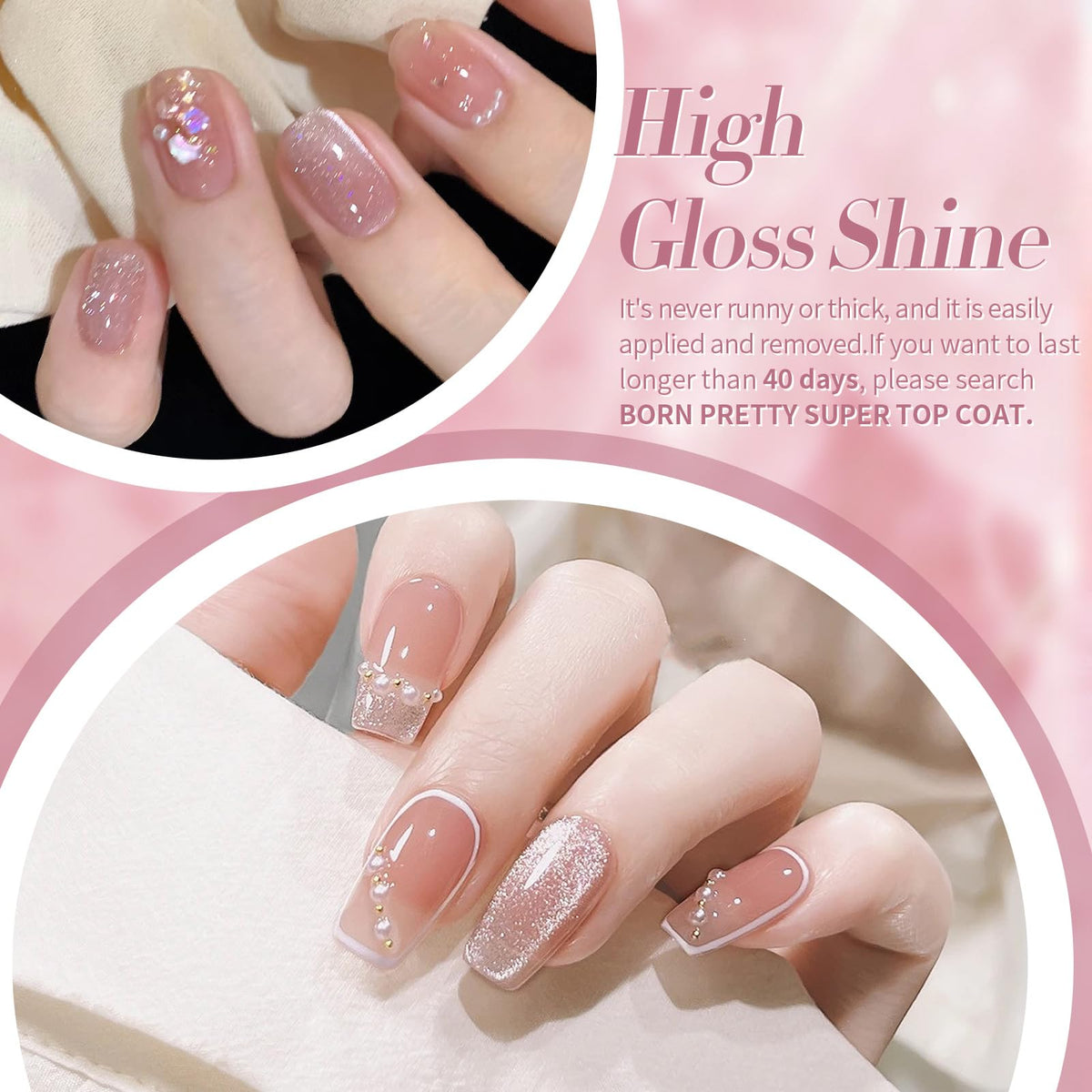 Born Pretty swatch on nails showing jelly pink shades and holographic shimmer for inspiration