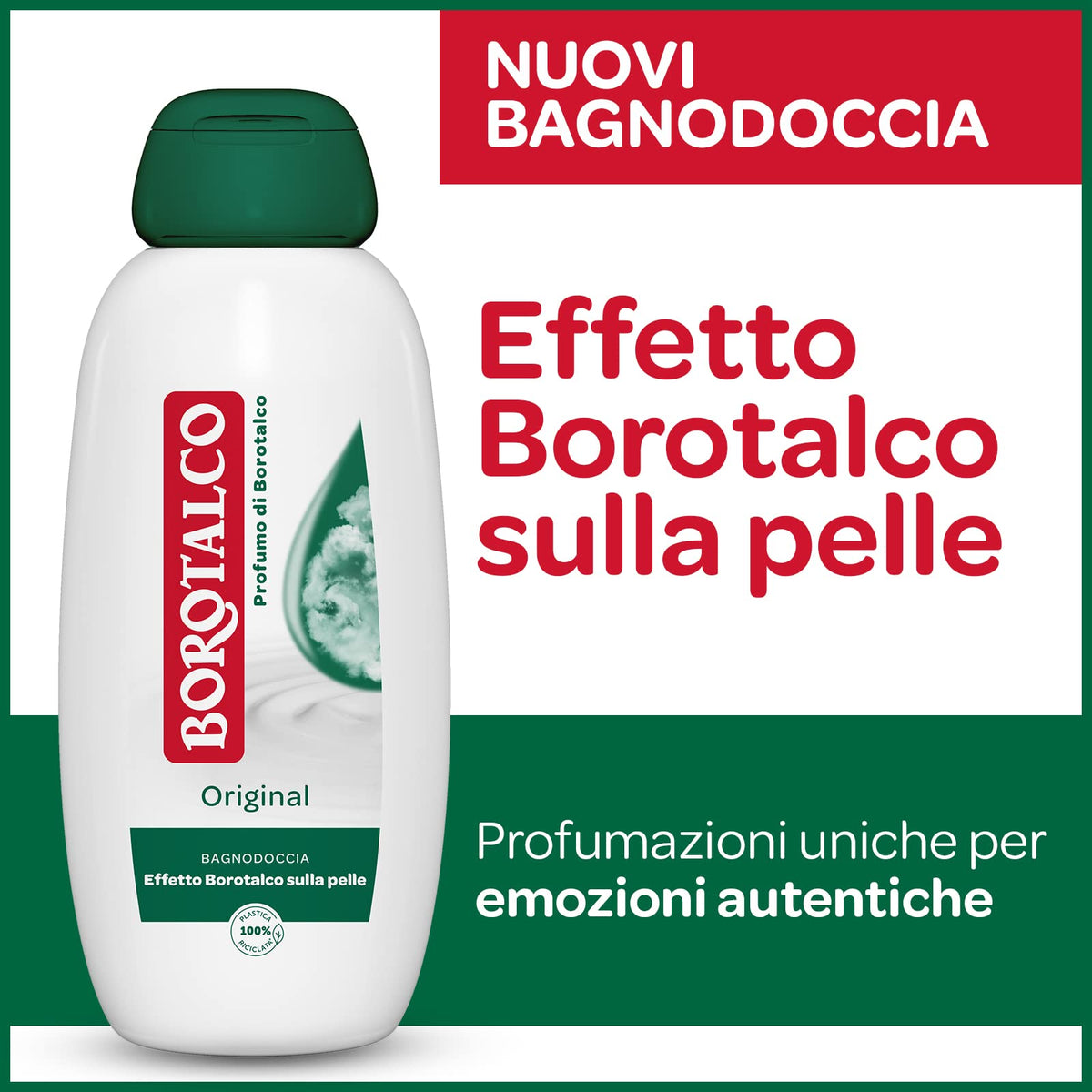 Borotalco close-up label and ingredients emphasizing dermo-tested formula