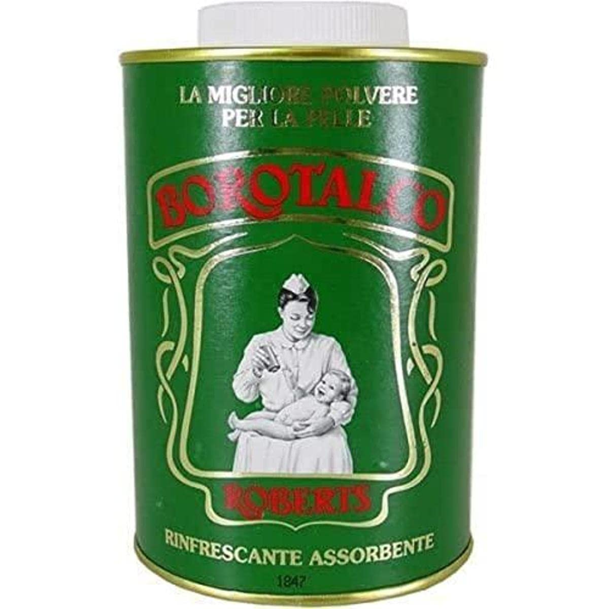 Borotalco front packaging showing 17.5 oz label and Italian origin benefits