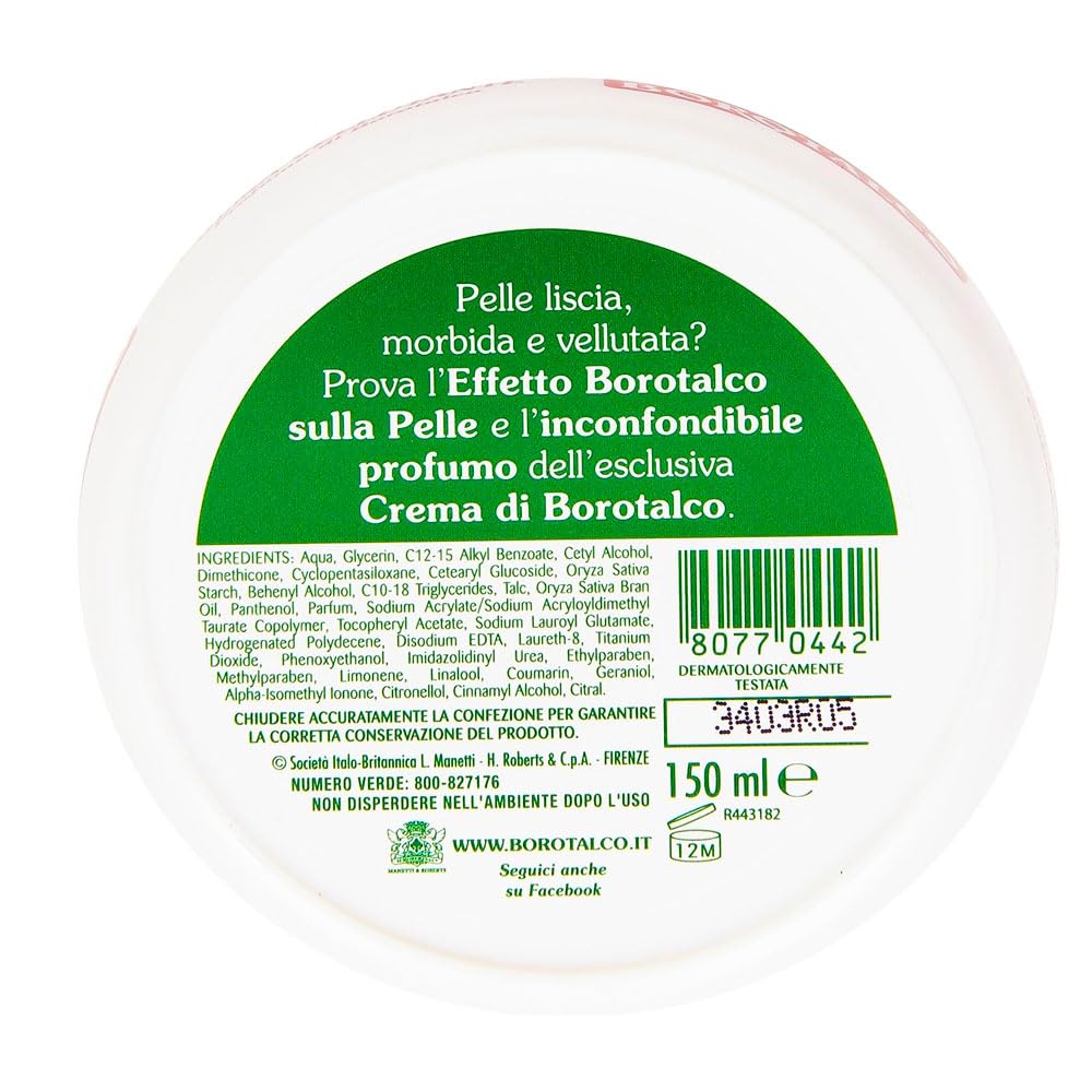 Borotalco cream texture close-up demonstrating quick absorption and smoothness