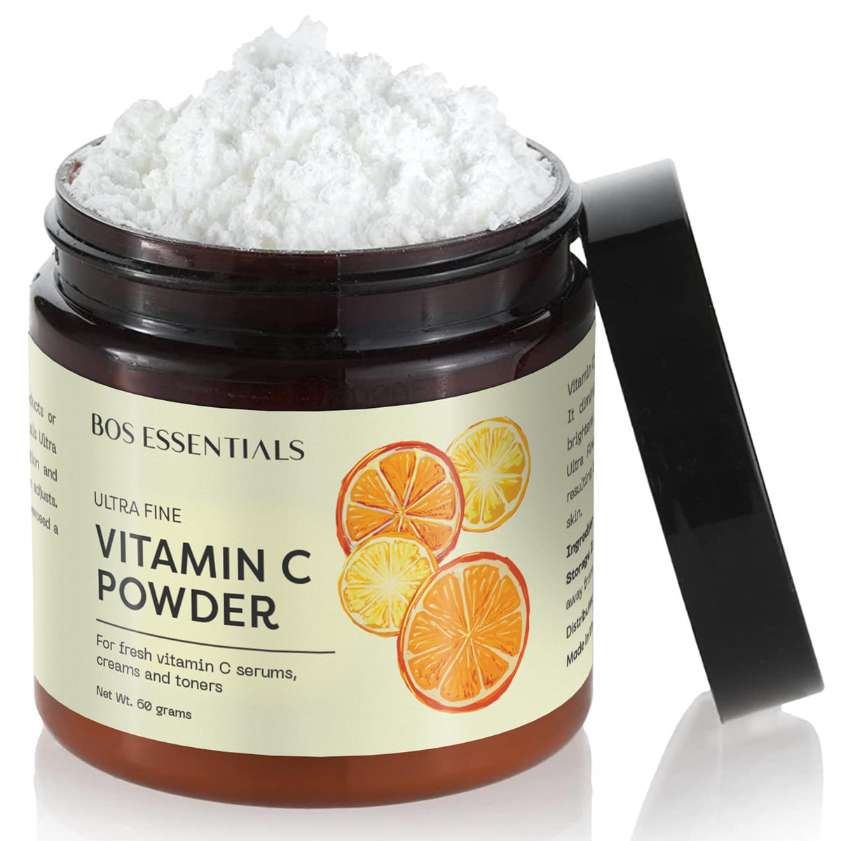 Bos Essentials jar front view showing clean cosmetic-grade Vitamin C powder