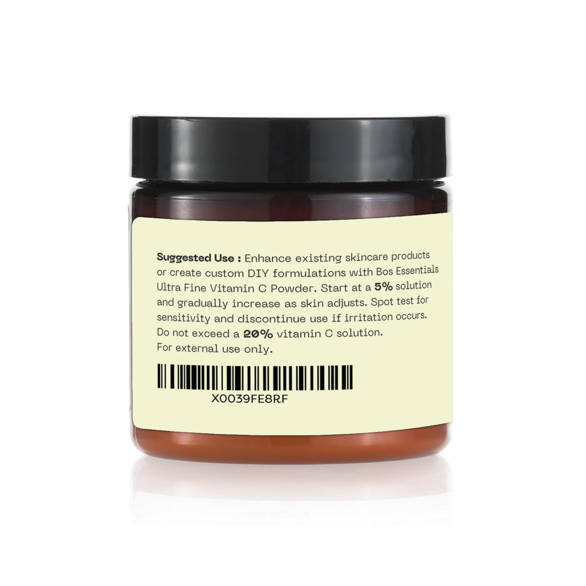Bos Essentials label close-up displaying cosmetic-grade and non-GMO information